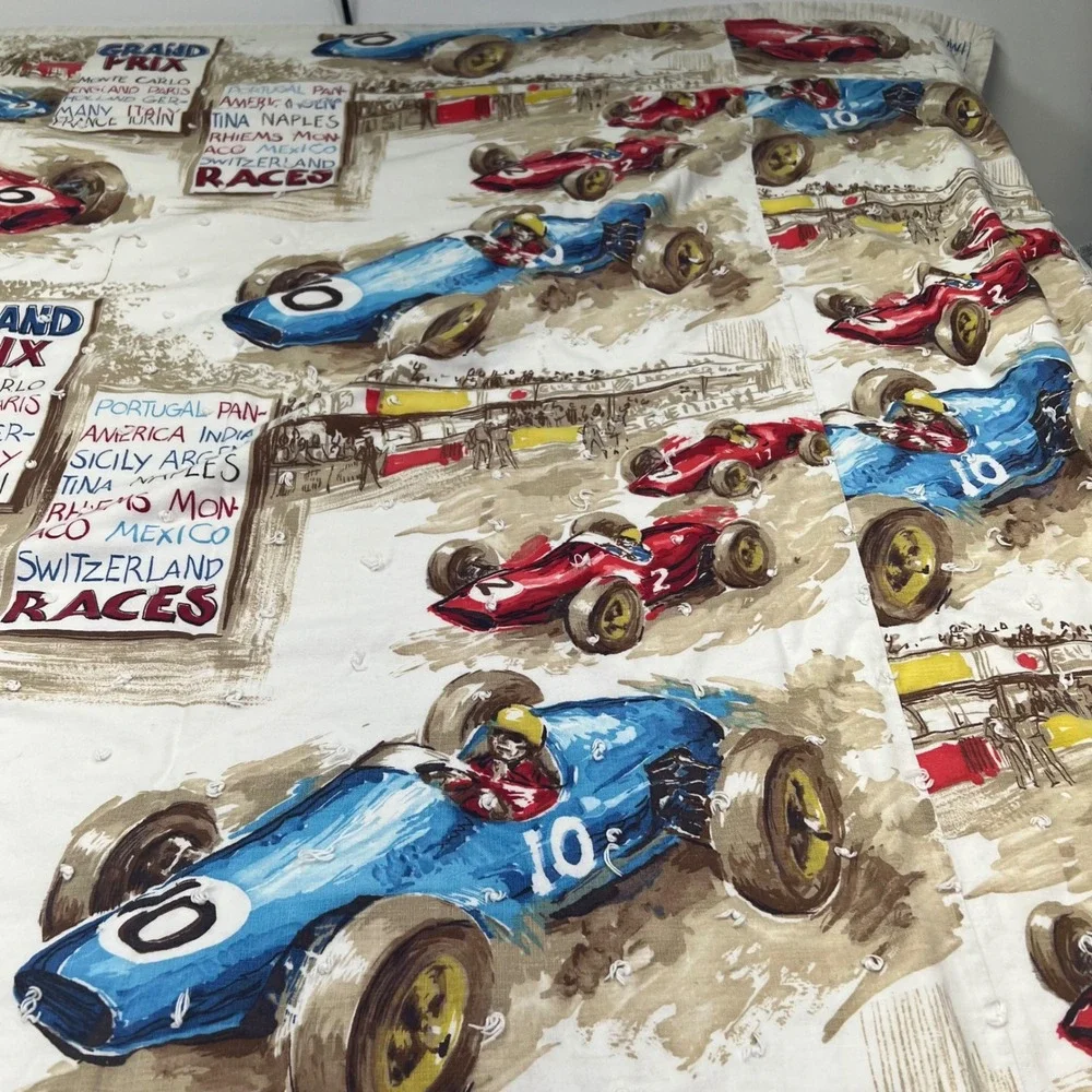 VTG 60s Grand Prix Race Car Hand Tied Quilt Blanket 51x87 Novelty Cotton Textile